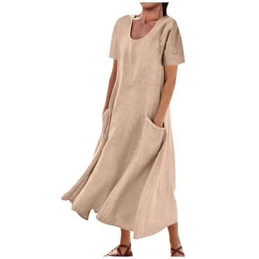 Bigersell Robes d'Été pour Femmes 2024 Décontractées Été Femme Col en V Manches Courtes Midi Robe Décontractée Style D-126 Robes de Printemps Dames 2024 Grande Taille Robes d'Été, Kaki P