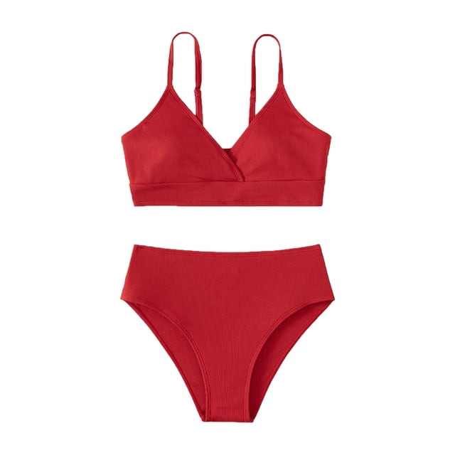 MIASHUI Girls Swimsuit Bikini Set Bathing Suits Two Piece Solid Color Swimwear Bathing Suit,Red,12-14 Years