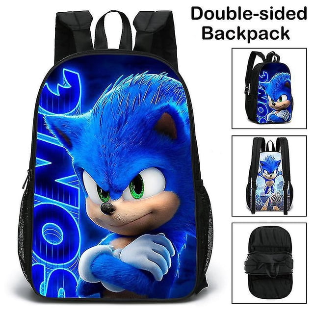 Sonic The Hedgehog Sided Backpack Cartoon Game Backpack School Bag featuring a vibrant design of Sonic the Hedgehog on a blue background. Made from waterproof nylon, this lightweight and durable backpack measures 43x30x16 cm and includes adjustable padded shoulder straps for comfort. The ergonomic S-shaped padded back ensures breathability and reduces pressure. Suitable for carrying school essentials like books, laptops, and stationery. The anime-inspired design appeals to fans of Sonic.