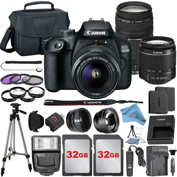 Canon EOS 2000D / Rebel T7 DSLR Camera with 18-55mm + 75-300mm Lens + 2 Pcs 32GB Memory + Tripod + Case + ZeeTech Kit