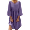 thumbnail image 1 of Meichang Robes en Coton et Lin pour Femmes Grande Taille Col Rond Manches Courtes Mini Robes Unies Décontractées Amples T-Shirts Robes Été Plissées à Taille Fluide Robes Violet m, 1 of 5