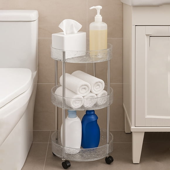 Three-Tier Kitchen Bathroom Living Room Storage Rack, Multi-Layer Transparent Cabinet with Movable Wheels, Floor Shelf for Organizing Home Essentials