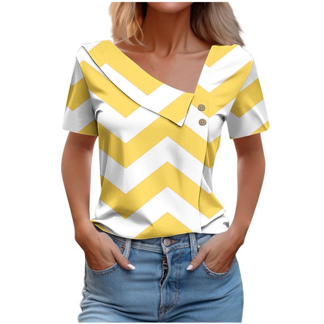 FAIWAD Women Summer Tops Short Sleeve Irregular V Neck Button T-Shirts Geometric Color Block Print Tees Blouses