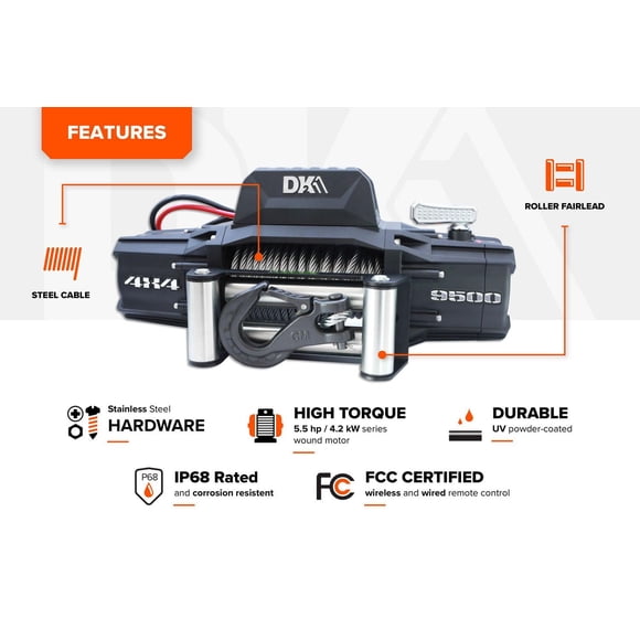 DK2 9,500 lb Premium Electric 4x4 Winch (Steel Cable Included)