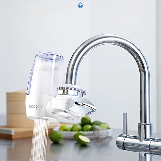 EGNMCR Water Filter For Faucet Home Water Filtration System Fits Standard Faucets Water Purifier, White, 1 Count, Mother's Day Gift Ideas centered front view of a white ABS faucet-mounted filter with attachment collar and flow switch; main part 14.5x10.6x5cm, flow 1L/min and filtration precision about 0.1μm, fits most standard kitchen faucets and is often used to rinse fruits and vegetables.