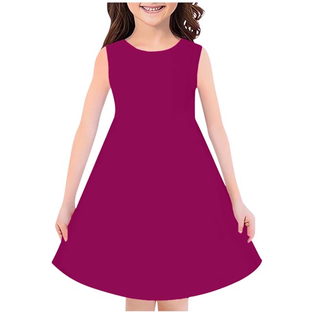 vdgthytj Girls Summer Midi Dresses Round Neck Solid Color Sundress Sleeveless A-Line Flowy Knee Length Dress