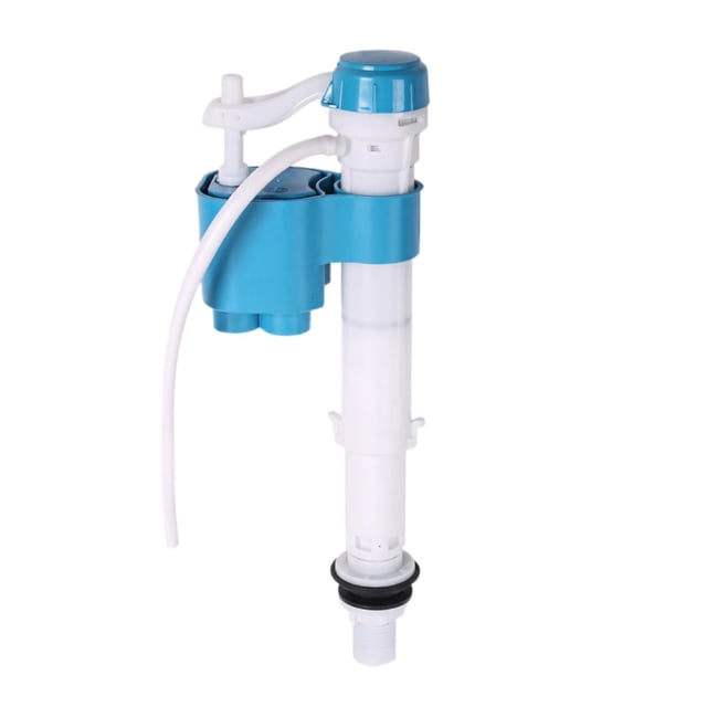Universal Fill Valve Toilet Tank Replacement with adjustable height, shown in white and blue ABS material. Features a quiet fill design, anti-siphon water inlet valve, and a float ball mechanism. The telescoping shaft adjusts from 8 to 13 inches, ensuring compatibility with 99% of toilet tanks. Includes a quick installation kit with tool-free height adjustment and integrated overflow protection.