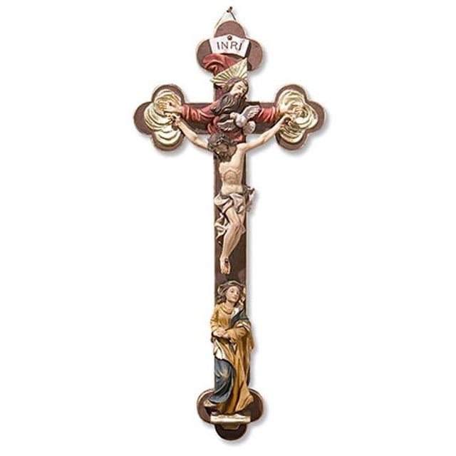 CB Catholic KS350 Mary & Holy Trinity Crucifix, a multicolour resin decorative accent. Features detailed depictions of Jesus on the cross, God the Father above, and Mary at the base. Perfect for home décor, it measures 13 inches in height and comes in a hinged gift box.