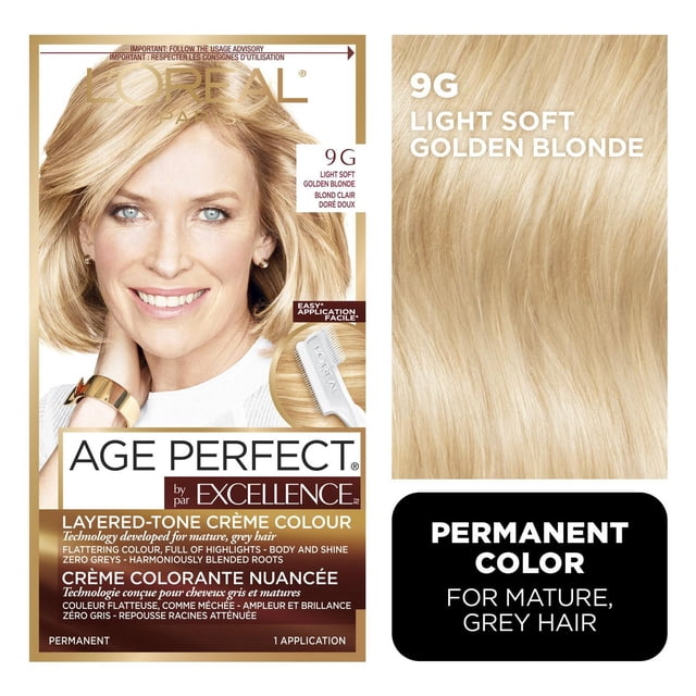 L'Oréal Paris Excellence Age Perfect Hair Dye in 9G Light Soft Golden Blonde, a layered-tone crème colour designed for mature grey hair, offering natural highlights and blended roots with permanent colour and easy application brush.