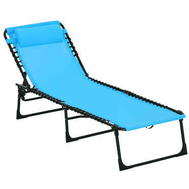 Outsunny Chaise Longue Pliante d'Extérieur, Chaise Longue Réglable à 4 Niveaux avec Appuie-Tête, Chaise de Bronzage Lit de Plage, Lit de Camp Inclinable pour le Camping, la Randonnée, la Cour Arrière, Bleu Ciel