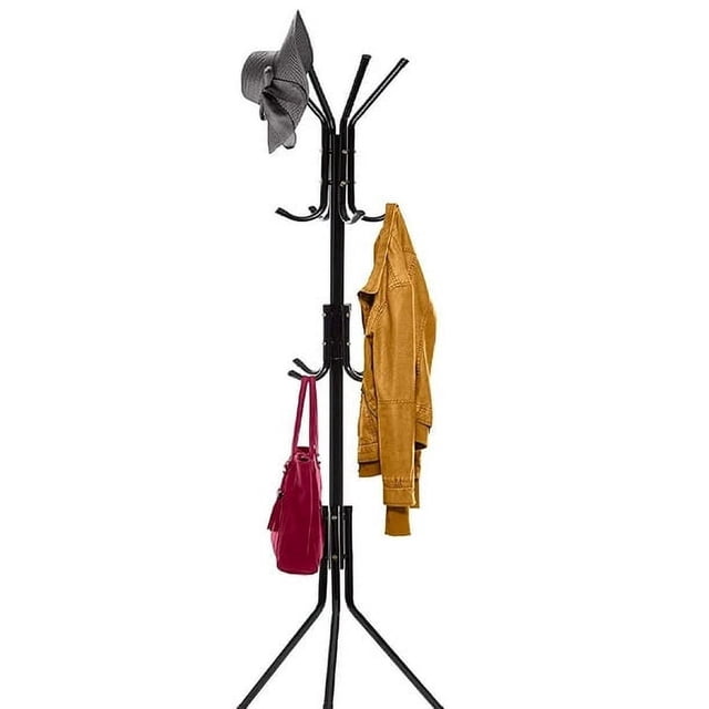 HueMaison 5.7ft Coat Rack Clothes Tree Hats Hanger Holder with 12 Hooks in black. This freestanding metal tree stand features a 3-tier design with 12 hooks for organizing coats, hats, scarves, and bags. The sturdy tripod base ensures stability, while the lightweight construction allows for easy mobility. Shown in use with a hat, jacket, and bag hanging on the hooks.
