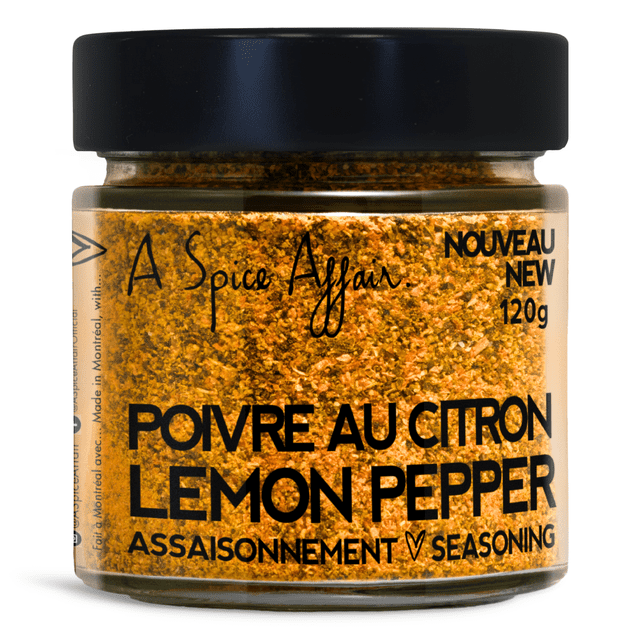 Lemon Pepper A Spice Affair, 120g (4.2 oz) jar. A seasoning blend combining black pepper, lemon peel, and other natural ingredients. The jar features a clear body showcasing the vibrant yellow and black spice mix, with bold black text on the label. Clean, natural, vegan, and free from GMOs, nuts, MSG, fillers, and preservatives.