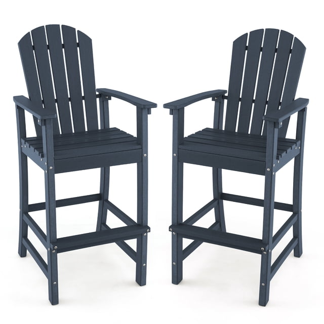 Gymax Set Of 2 Outdoor HDPE Bar Height Stool Patio Tall Chair Armrest Footrest All Weather Navy