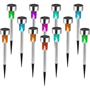 Solar Powered Garden Lights Set of 12 Waterproof Stainless Steel Outdoor LED Garden Lights Outdoor Lighting for Patio, Lawn and Paths (Colored Light)