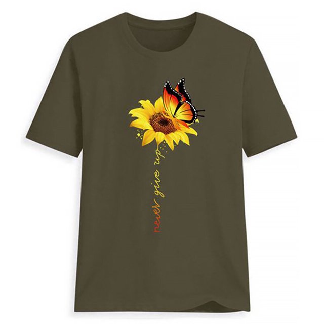 Blouse Été Manches Courtes T-shirt Tournesol Imprimé Col Rond Femmes Tournesol Top, Vert, S