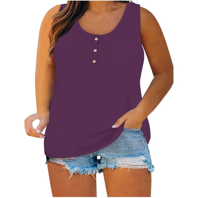 Timegard Tank Tops for Women Plus Size Round Neck Button Sleeveless Comfy Casual Loose Tops Basic Tee