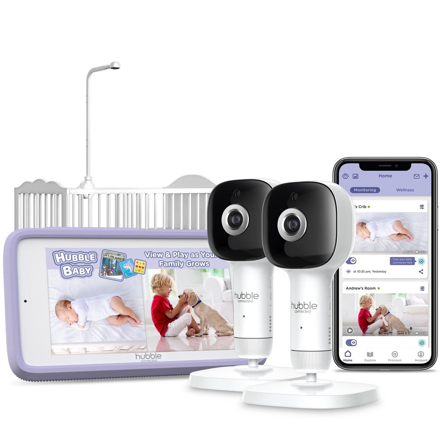 Hubble Connected SkyVision AI Pro Twin, AI Powered HD Baby Monitor with 2 Crib Mount Cameras + 5" Smart Touch Screen Viewer - White