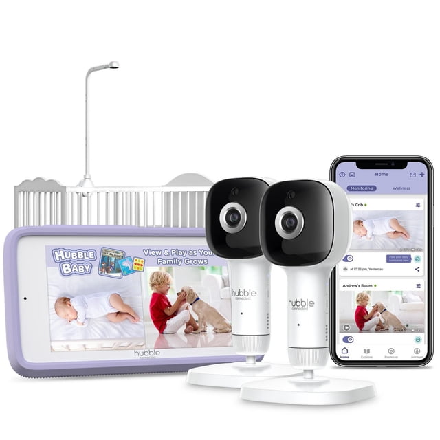 Hubble Connected SkyVision AI Pro Twin AI Powered HD Baby Monitor with two white and black crib mount cameras on stands, a 5-inch smart touchscreen viewer with purple frame showing baby monitoring images, and a smartphone displaying the monitoring app interface.