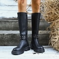 thumbnail image 2 of Fall Mid Calf Combat Boots for Women 2025 Buckles Studded Leather Platform Chunky Cowboy Riding Tall Boots, 2 of 8