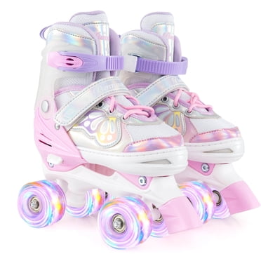 Costway Patins Quads Réglables à 4 Tailles avec Roues Lumineuses Protection de Sécurité pour 8 à 13 Ans Rose