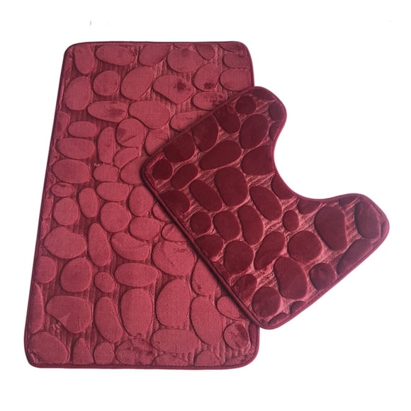 2Pcs Non-slip Mat Set Plush Floor Rug Floor Pad Door Carpet Stone Bathroom Toilet Water Absorbent Rug, Dark Red