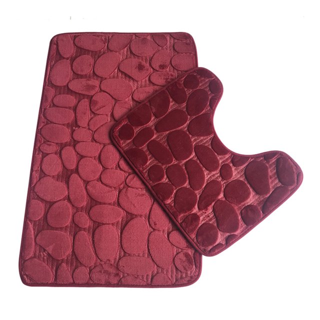 2Pcs Non-slip Mat Set Plush Floor Rug Floor Pad Door Carpet Stone Bathroom Toilet Water Absorbent Rug, Dark Red