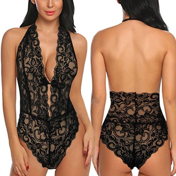 LOVZFMLL Women Sexy Backless Lingerie Lace V Neck Bodysuits Black S