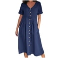 thumbnail image 1 of Cameland Mode Femme Été Décontractée Col en V Uni Manches Courtes Bouton Poche Robe en Coton et Lin, 1 of 9