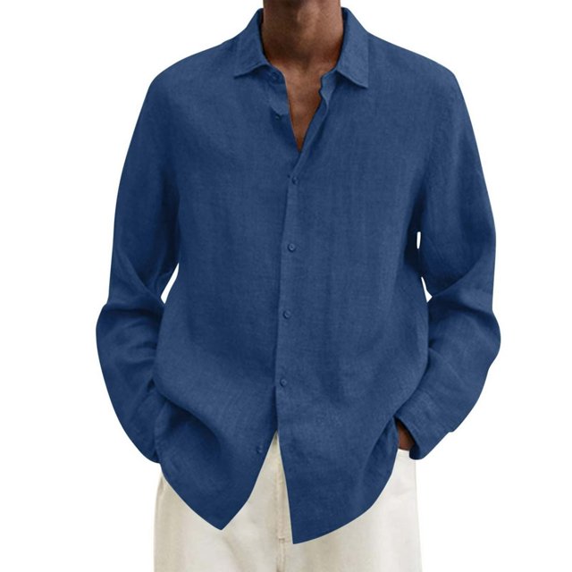 MesaSe Chemise en Lin de Coton Uni, Col Rabattu à Manches Longues