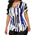 thumbnail image 5 of T-shirt pour Femme à Col en V, Haut à Rayures, Manches Courtes, Blouse Ajustée à Fermeture Éclair, Bleu, G, 5 of 5