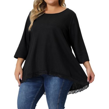 GRACE & GRANDEUR Plus Size Blouse for Women Waffle 3/4 Sleeve Round Neck Lace Panel Loose High Low Hem Tops Black 1X