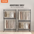 thumbnail image 2 of VEVOR Heavy Duty Clothes Rack, Rolling Clothing Garment Rack with 3 Storage Tiers, 2 Rods and 2 Pairs Side Hooks, Adjustable Height Clothing Rack Closet for Hanging Clothes, 400 Lbs Load Capacity, 2 of 9