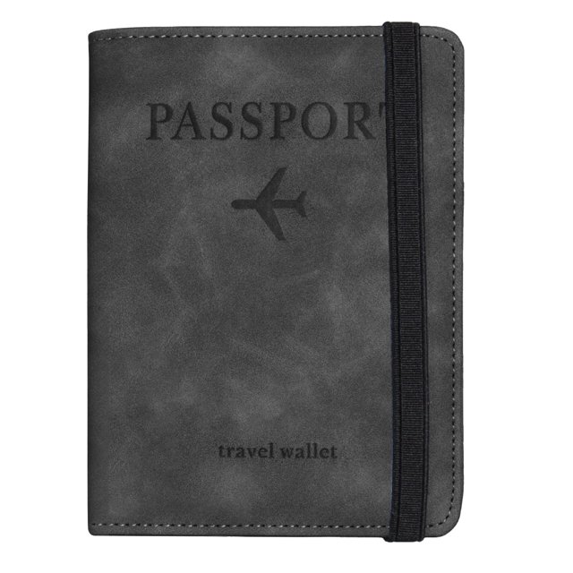 Lolmot Skin Feel Retro Passport Case with Multi-Card Slot RFID Anti-Scanning Waterproof Card. This PU leather passport cover in a retro design features a black elastic strap for secure closure. The front displays embossed text 'Passport' and an airplane icon, with 'travel wallet' at the bottom. Compact size of approximately 14.2cm x 10.5cm x 1cm, lightweight at 35g, and designed to protect e-passports from skimming while organizing cards, tickets, and other essentials.