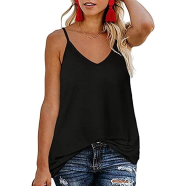 Meichang Camisoles à Col en V pour Femmes Été Aguichant à Bretelles Spaghetti Camisole Coupe Ample Sans Manches Chandails Décontractés Unis Camisole Haut Basique T-Shirt