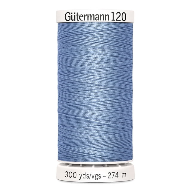 Gutermann 120 100% polyester all purpose thread spool in light blue with 300 yards (274 meters) length, suitable for machine and hand sewing on cotton, synthetics, and wool fabrics, also ideal for craft projects and mending clothing or outdoor items.