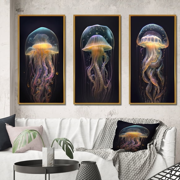 Designart « Gracieuse Méduse dans les Profondeurs de la Mer I » Animaux Ensemble d'Art Mural Encadré de 3 - Ensemble de Cadres Méduse Blanche pour Déco de Bureau