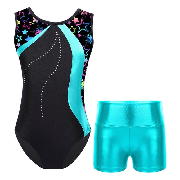Kaerm Girls Sport Athletic Gymnastics Leotards Unitard Shiny Ballet Dance Bodysuit 2 Piece Outfits Lake Green 8