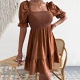 thumbnail image 1 of EGNMCR Robes de Vacances pour Femmes Robe Unie Printemps et Été Manches Courtes Ceinture Taille Manches à Volants Col Carré, 1 of 6
