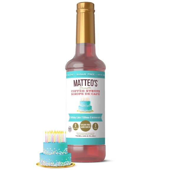 Matteo's Sugar Free Coffee Syrup, Birthday Cake, 750mL, 0 Calories, 0 Sugar, (Single Bottle)