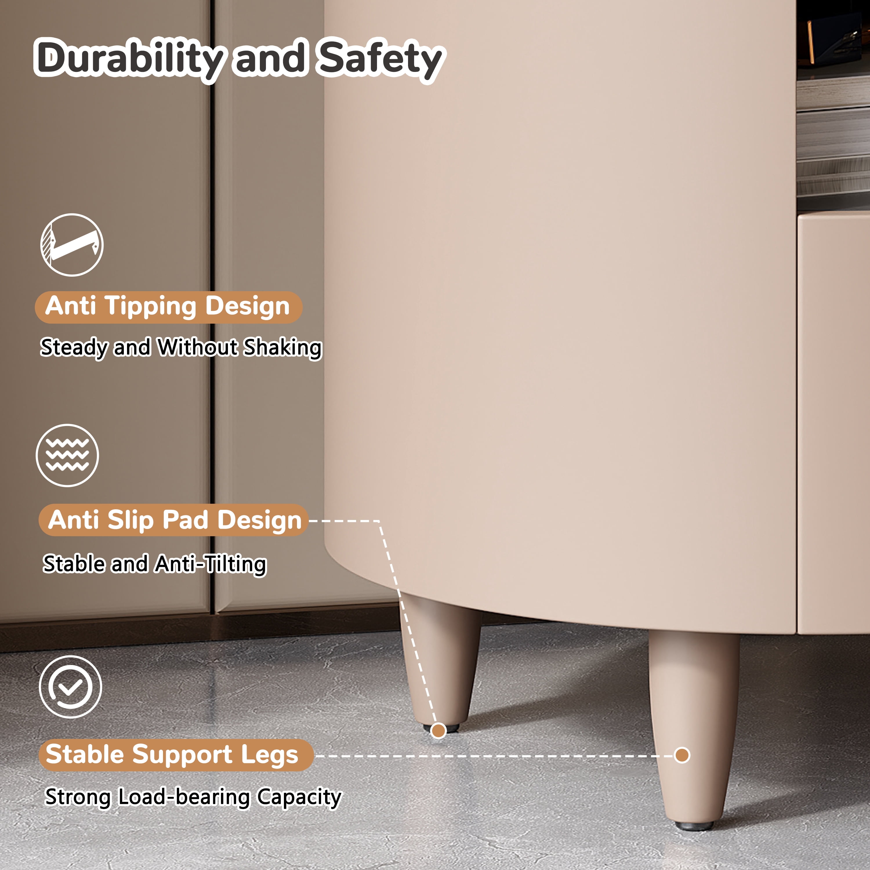 Noble House Modern Round Nightstand with Drawer and Open Shelf, Curved Bedside Table,Khaki