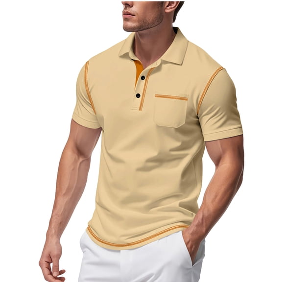 LNWUY Mens Casual Shirts Classic Short Sleeve Golf Shirt Quick Dry Lightweight Lapel Button Cotton Top with Pocket Yellow XL