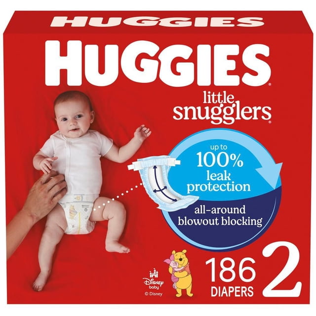 Huggies Little Snugglers Baby Diapers, Econo pack, Size 2, Count 186, centered front-facing retail pack with Huggies logo and Disney Winnie the Pooh designs; packaging indicates hypoallergenic materials, GentleAbsorb liner, color-changing wetness indicator, leak-lock system and pocketed back waistband.