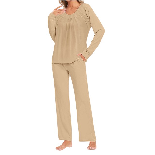 Timegard Ensembles de Pyjamas pour Femmes Confortables, Haut à Manches Longues Froncé à Col Rond et Pantalon, Tenues de Pyjama Amples pour l'Automne