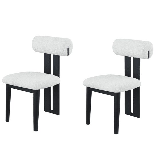 LivinVeluris Modern Elegance White Bouclé Fabric & Black Wooden Leg Dining Chairs – Set of 2