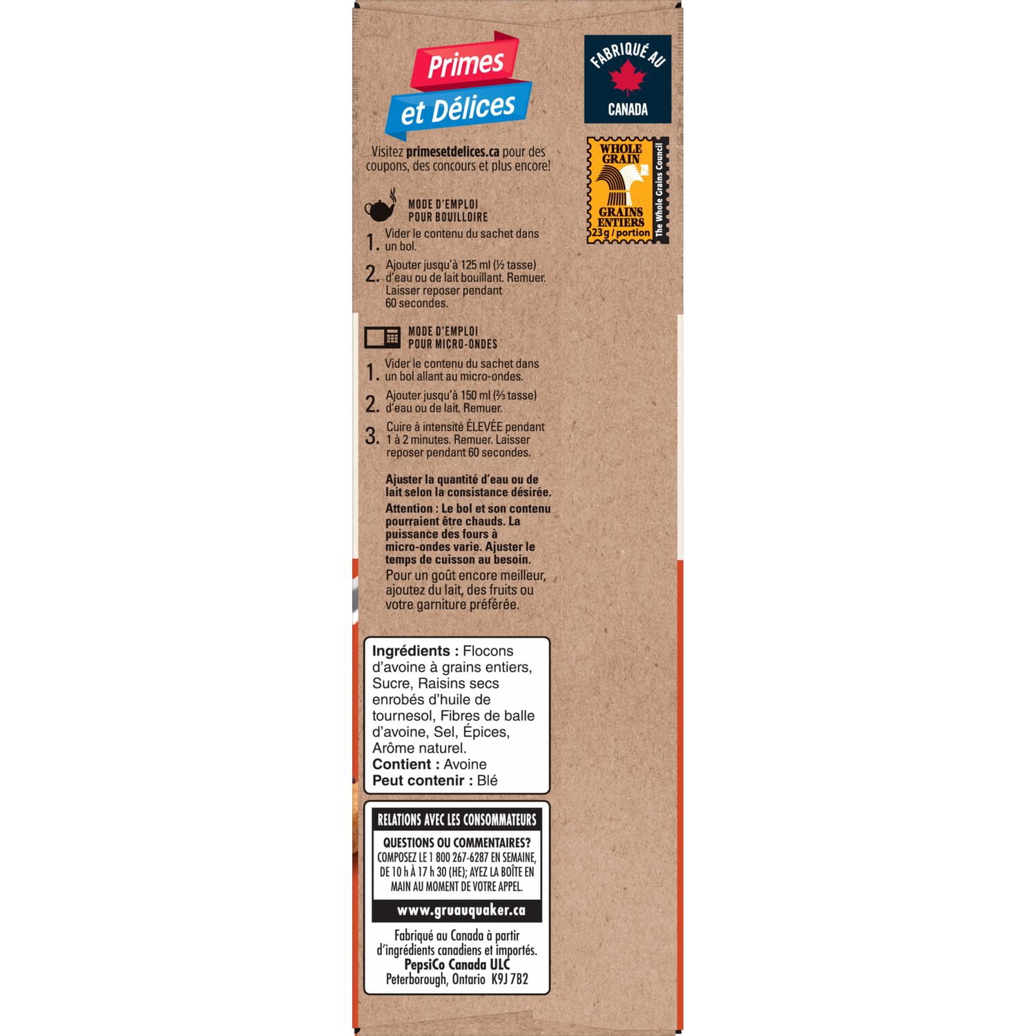 Quaker Gruau instantané Teneur élevée en fibres Raisins secs et épices