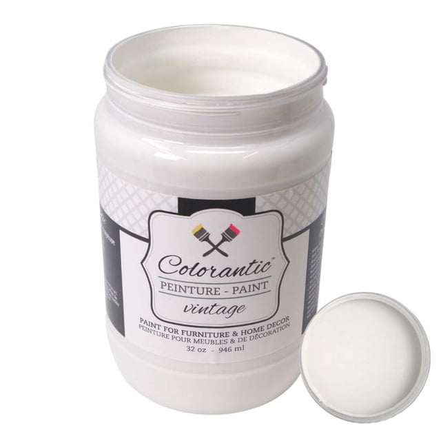 Colorantic BALLERINA chalk paint in off-white creamy shade, 32 oz container. The jar features a resealable white plastic lid and a label with the Colorantic logo and product details. Ideal for furniture DIY projects, this eco-friendly, non-toxic, water-based paint offers a chalky matte finish and adheres to various surfaces like wood, fabrics, and matte metal. The paint dries in 30 minutes, allowing for quick project completion.