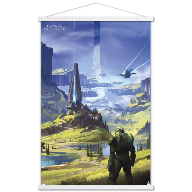 Halo Infinite - Affiche Murale de Master Chief Valley, 14,725 Pouces x 22,375 Pouces Encadrée, Représentant Master Chief en Armure Verte Debout sur une Colline Herbeuse Surplombant une Vallée avec des Lacs, des structures Futuristes Précurseurs Émettant des Faisceaux de Lumière Bleue, et la Grande installation de Halo en Forme d'Anneau dans le Ciel sous un Ciel Bleu Partiellement Nuageux, Convient à l'Art Mural pour la Maison Ou le Bureau