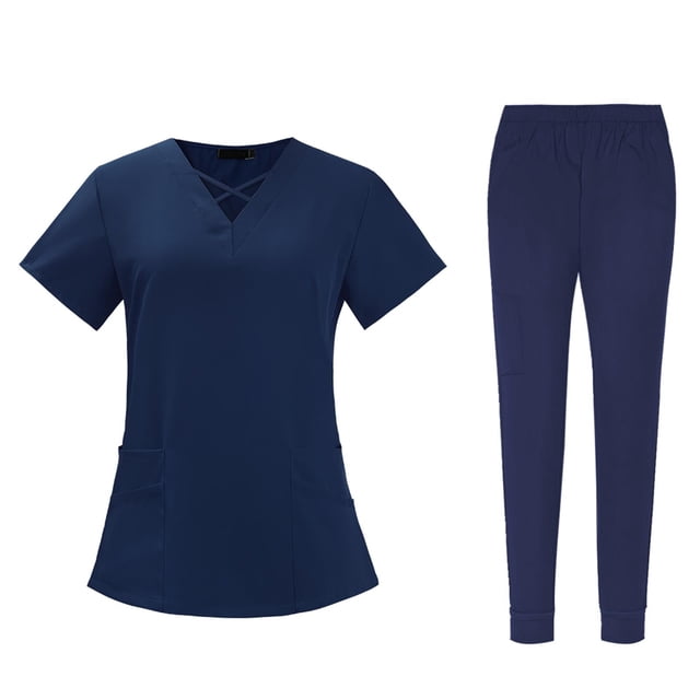 Milaget Nursing Scrub Set Comfortable Breathable with Pockets Fashion Tops Pants Navy Blue Color L