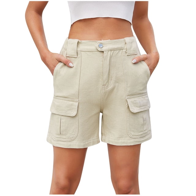 Timegard Women's Elastic High Waisted Straight Leg Cargo Denim Shorts with Pockets, Medium