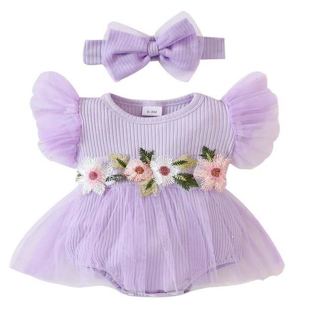 Infant Romper Dress Flower Leaves Embroidery Jumpsuits with Headband